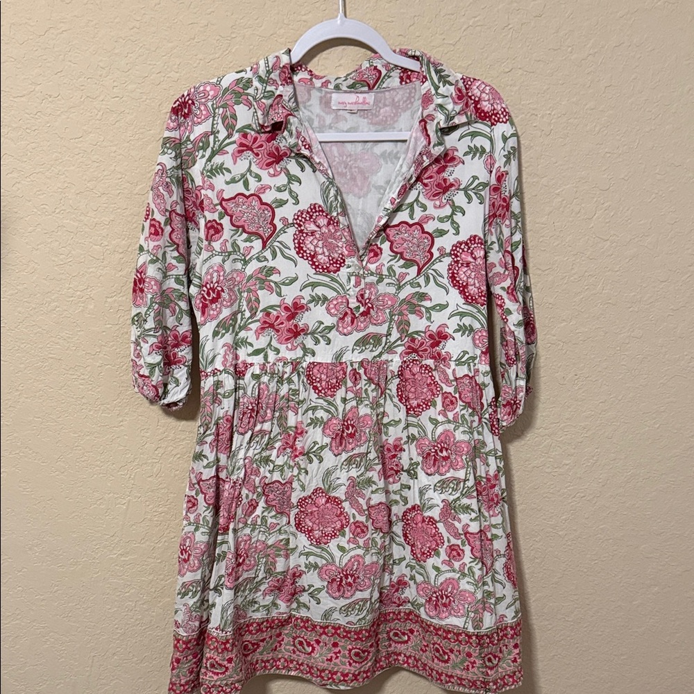 Mary Marshmallow Size Large Floral Mini Dress with Pink and Green Accents